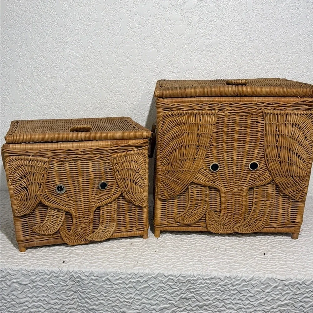 Two Adorable Vintage Elephant Design Wicker Storage Trunks/Baskets - Brown